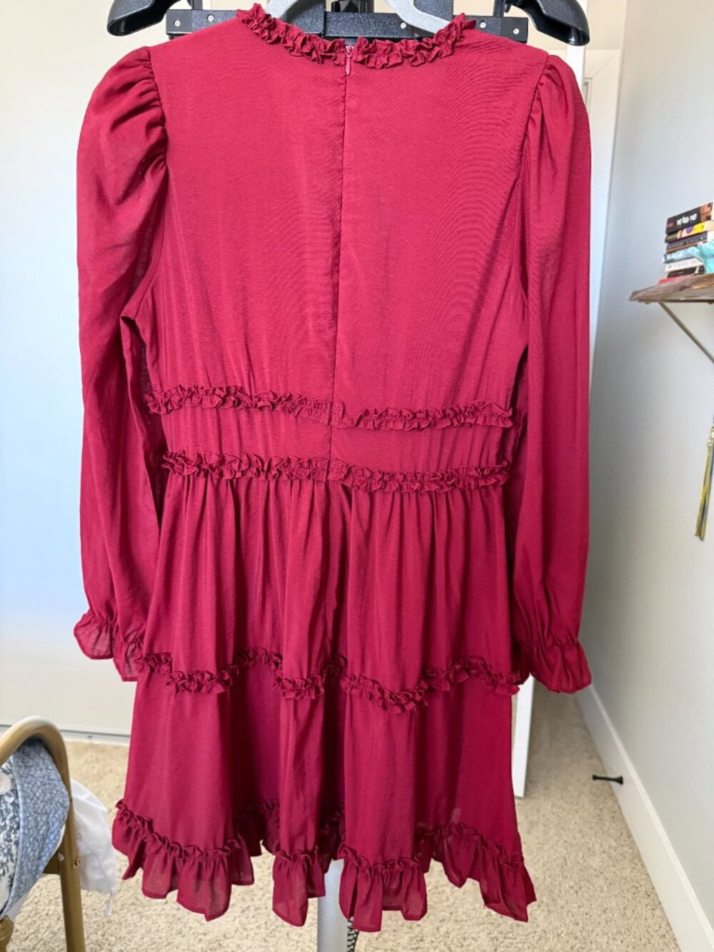 Free The Roses Burgundy Ruffle Mini Dress Size M NWT Long Sleeve V Neck - Picture 7 of 10